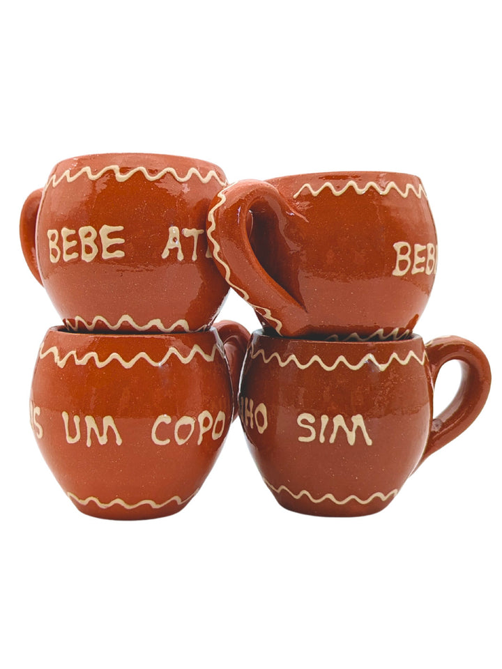 Portuguese Pottery Terracotta Glazed Clay Wine Mugs - Set of 4