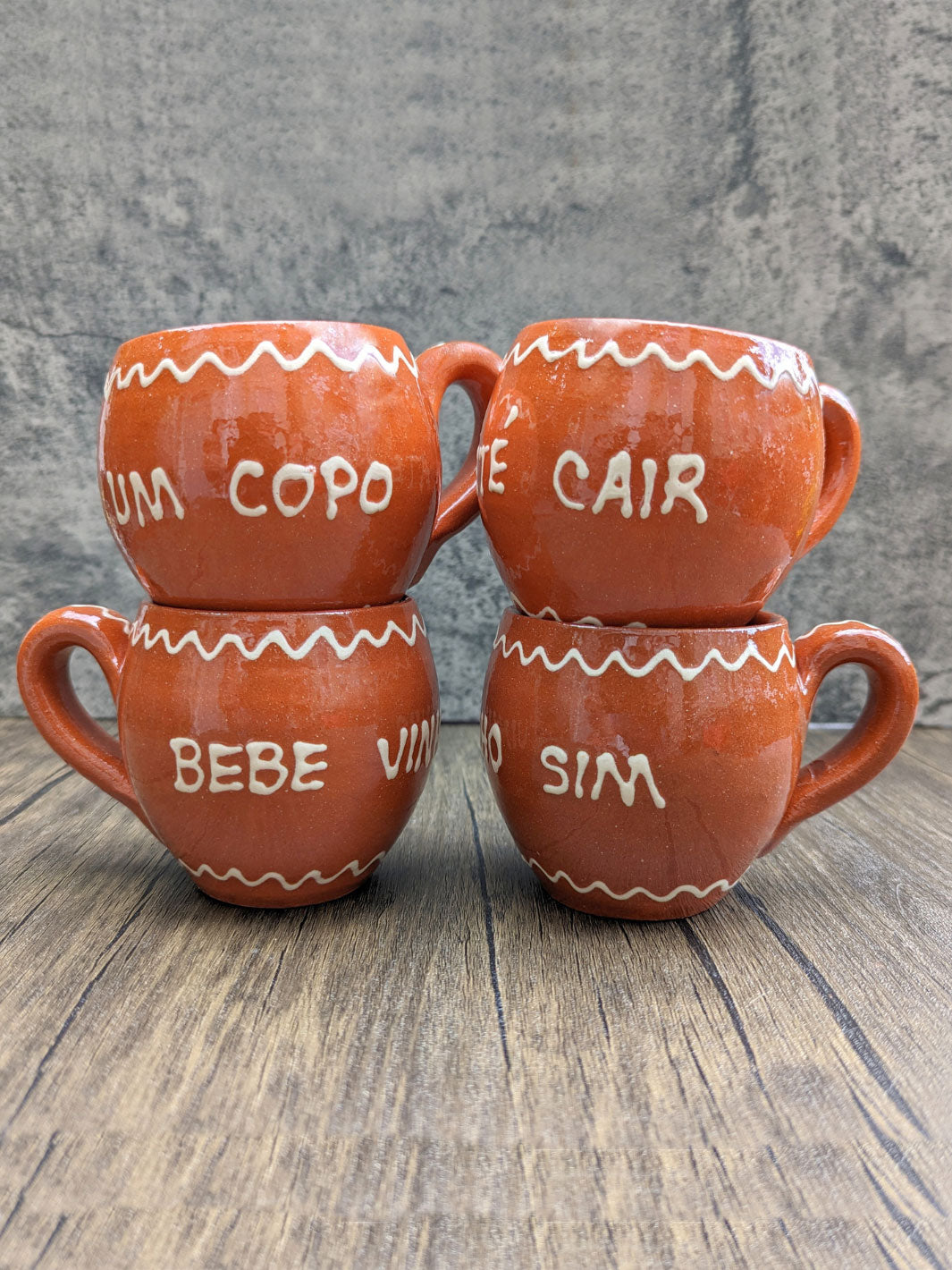 Portuguese Pottery Terracotta Glazed Clay Wine Mugs - Set of 4
