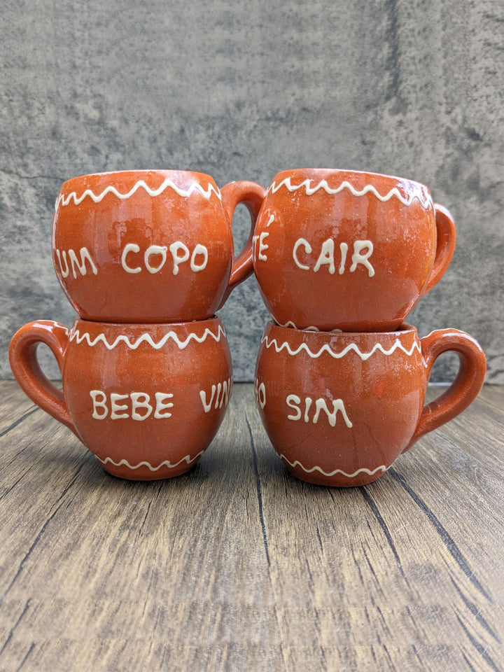 Portuguese Pottery Terracotta Glazed Clay Wine Mugs - Set of 4
