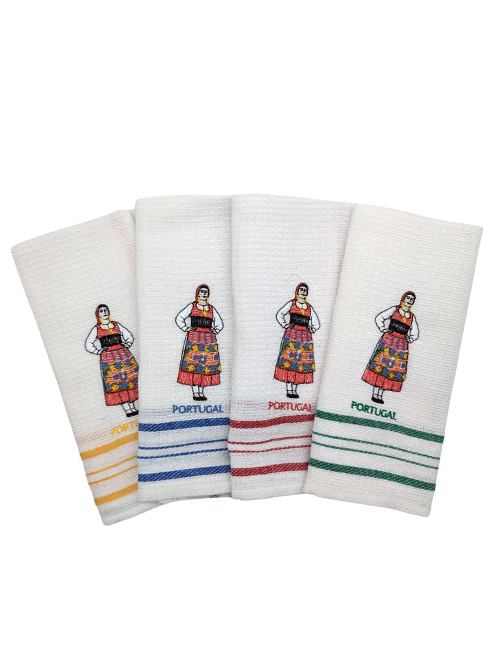 Set of four white towels with colorful designs and 'Portuguese' text on a white background