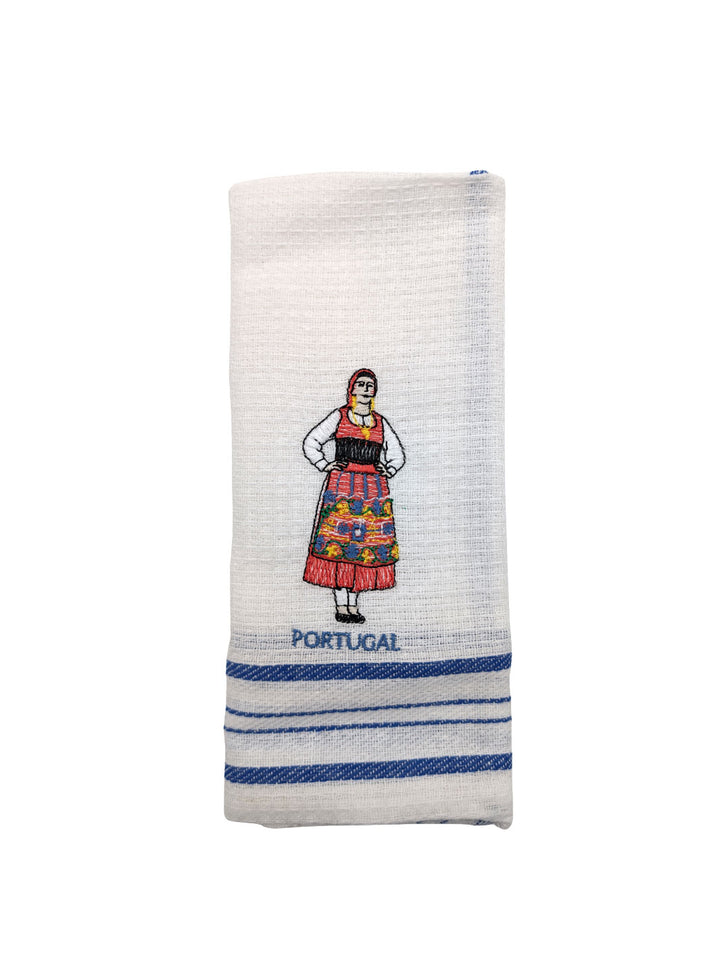 Towel with embroidered design of a person in traditional attire and 'Portugal' text on a white background