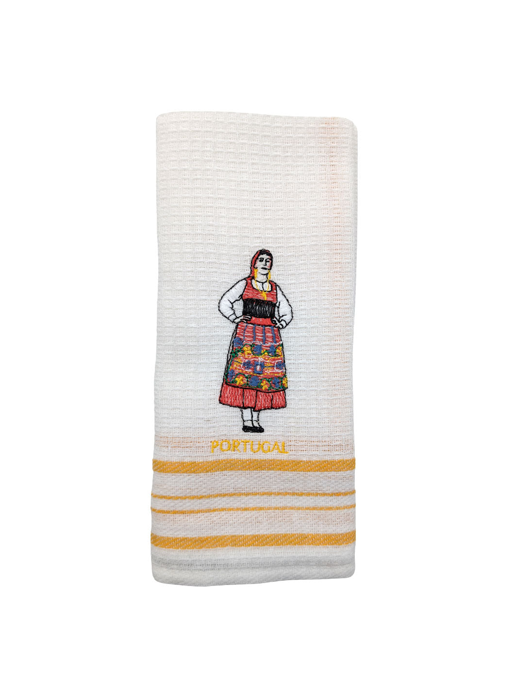 White towel with embroidered design of a person in traditional attire and 'Portugal' text on a white background