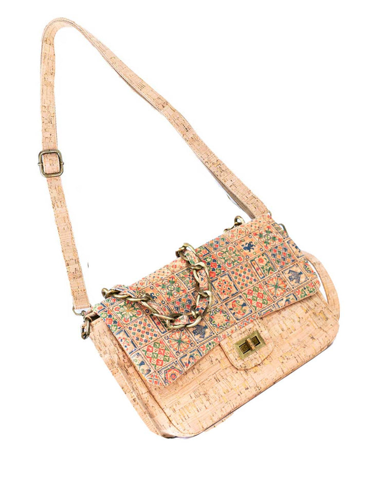 Women's Cork Shoulder Bag with Chain Accent and Button Closure