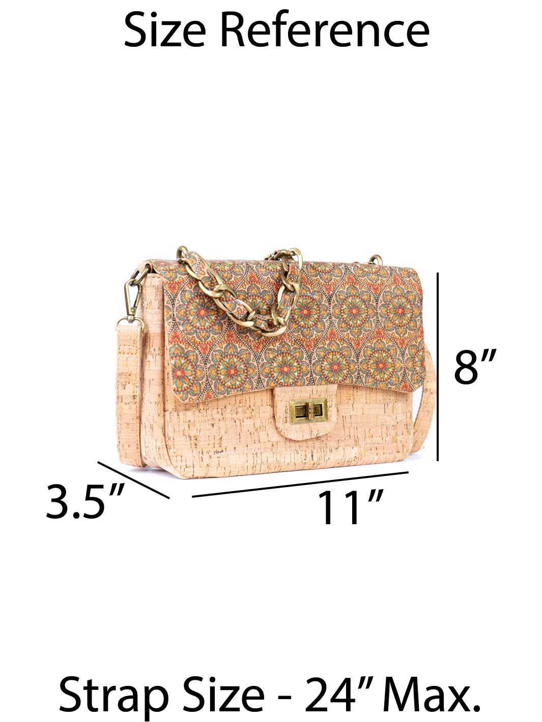Women's Cork Shoulder Bag with Chain Accent and Button Closure