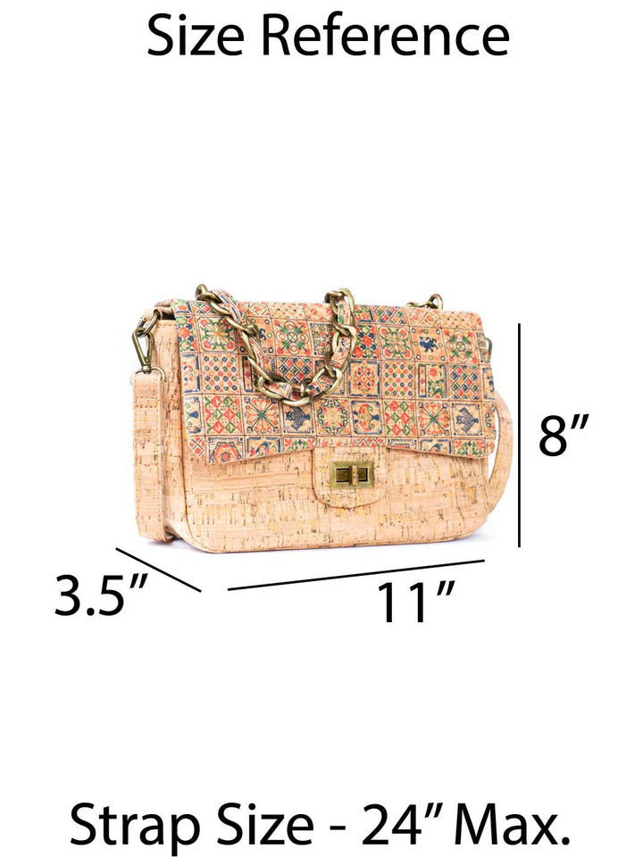Women's Cork Shoulder Bag with Chain Accent and Button Closure