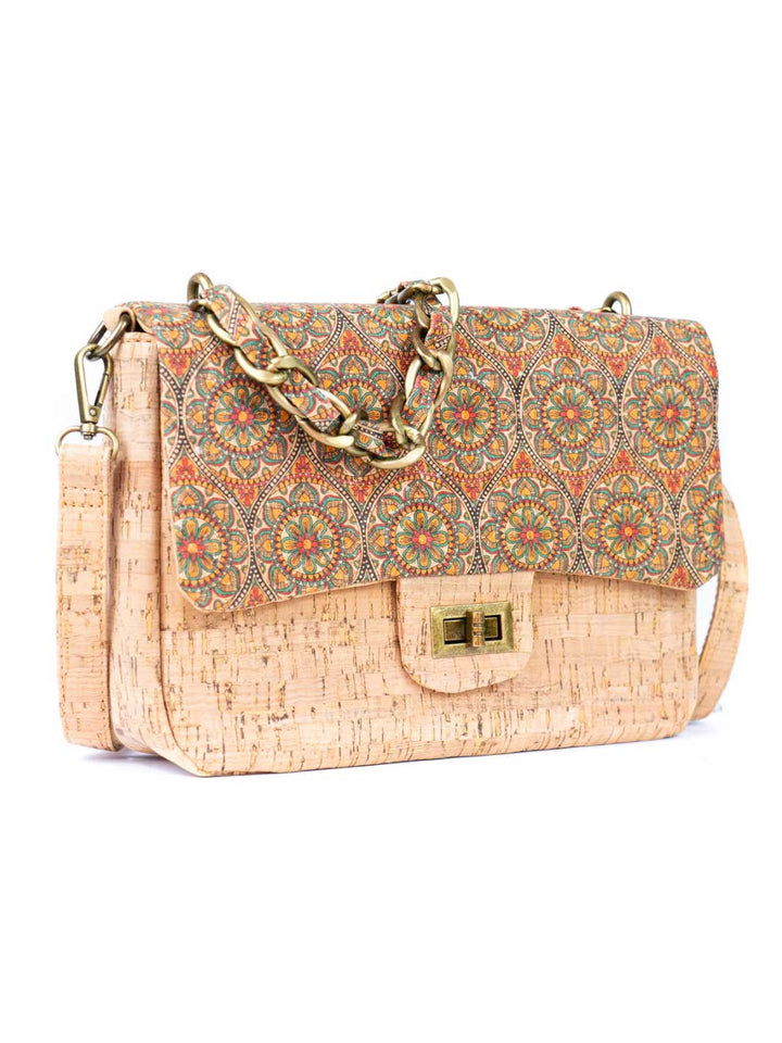 Women's Cork Shoulder Bag with Chain Accent and Button Closure