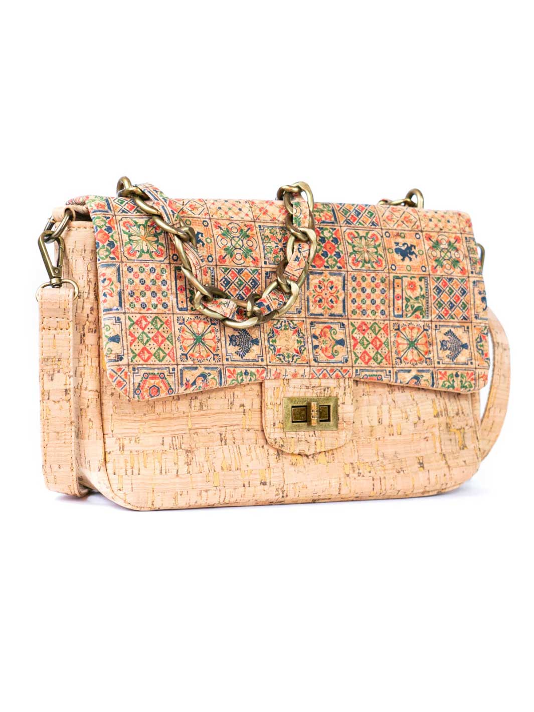 Women's Cork Shoulder Bag with Chain Accent and Button Closure