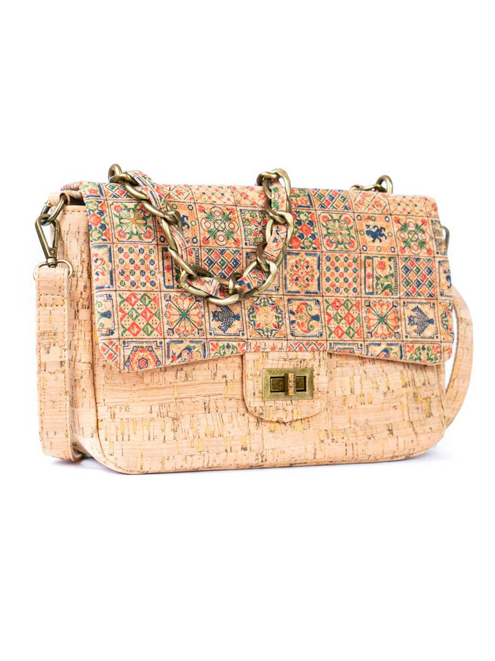 Women's Cork Shoulder Bag with Chain Accent and Button Closure