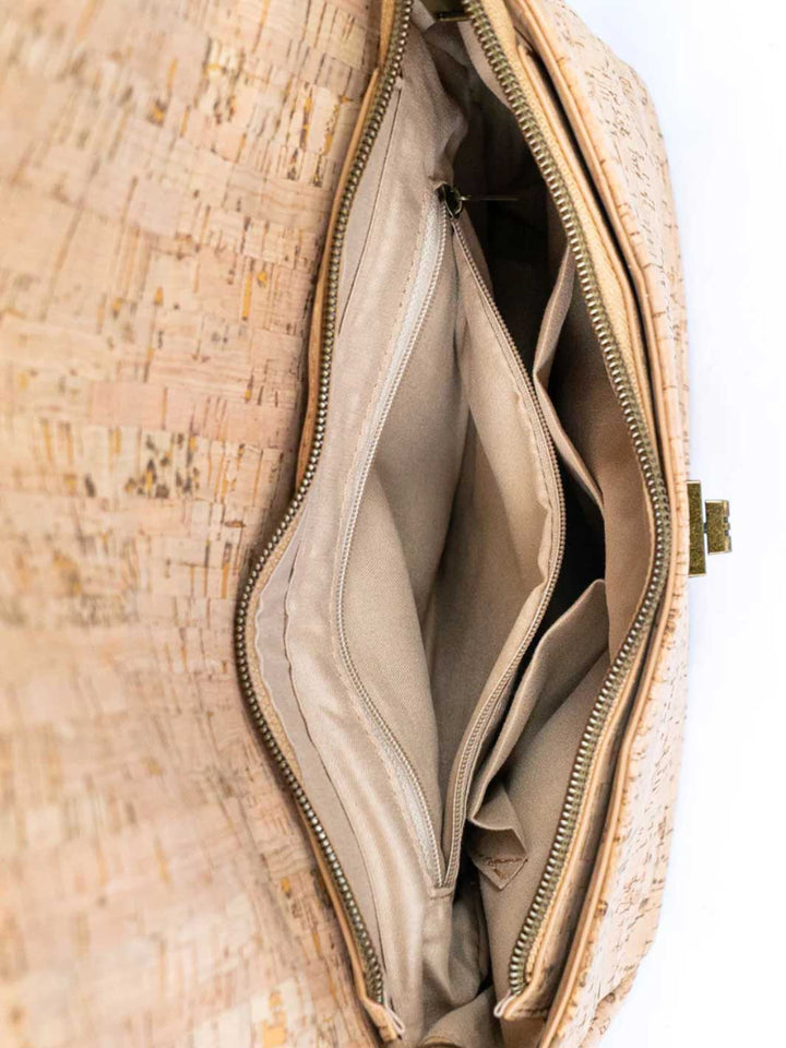 Women's Cork Shoulder Bag with Chain Accent and Button Closure