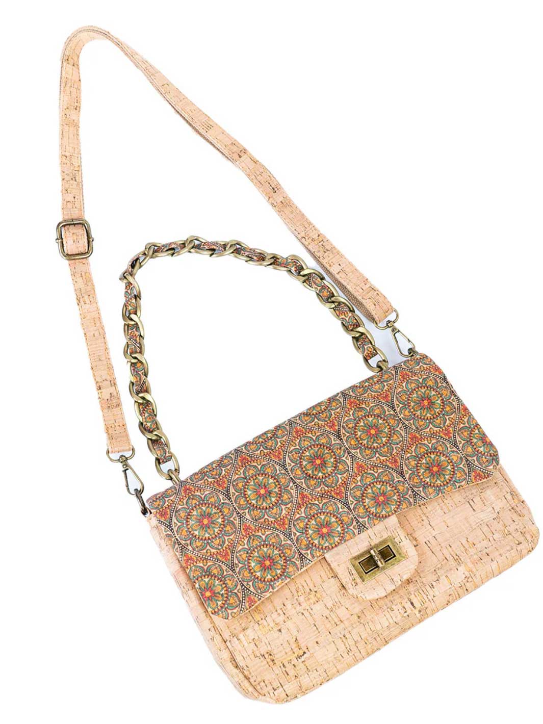 Women's Cork Shoulder Bag with Chain Accent and Button Closure