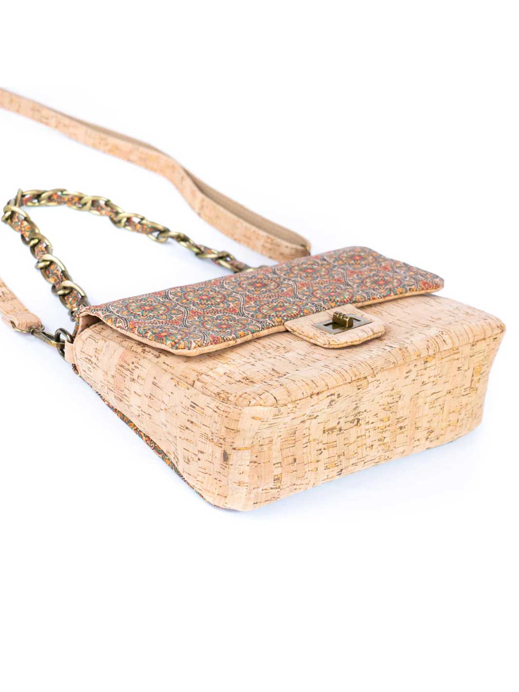 Women's Cork Shoulder Bag with Chain Accent and Button Closure