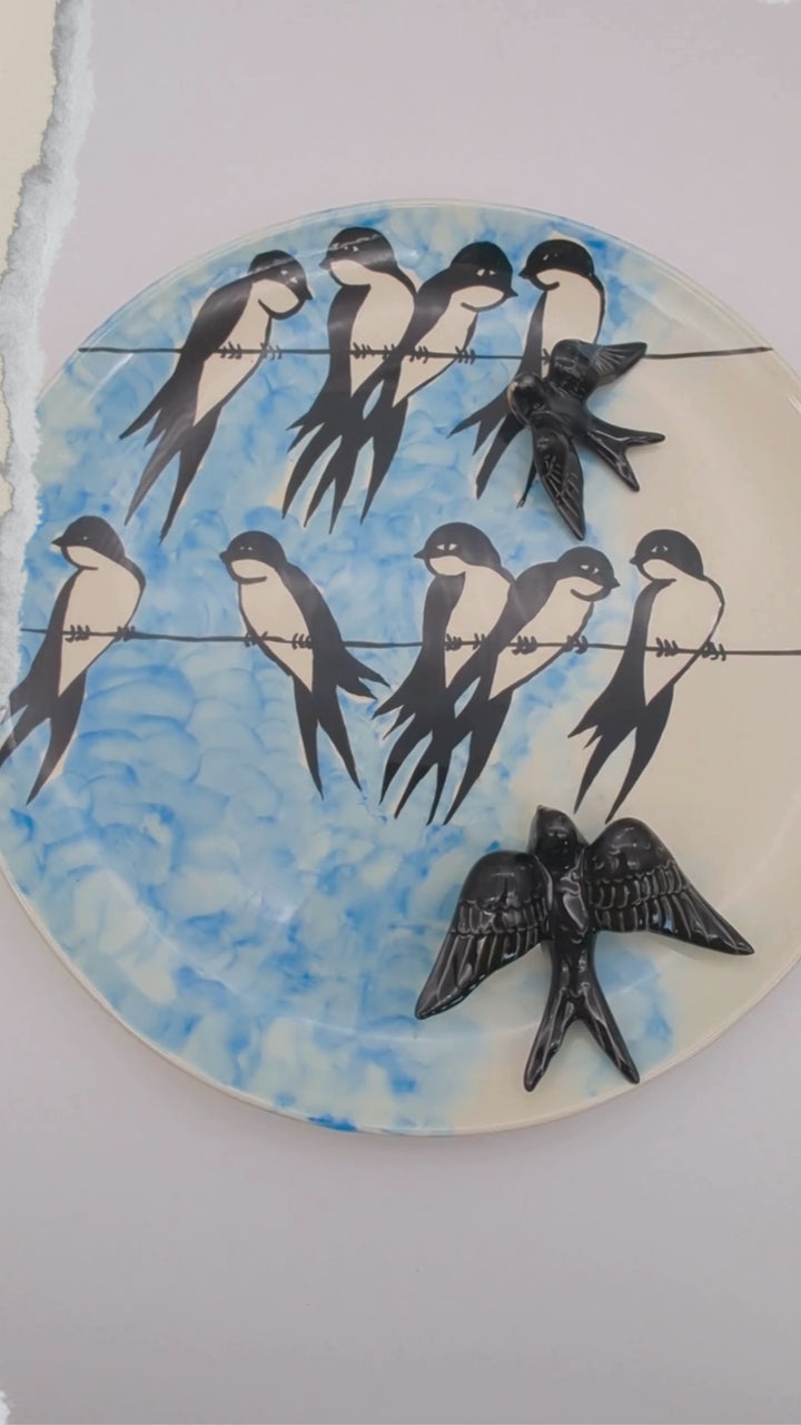 15.5 Inch Hand Painted Portuguese Ceramic Decorative Plate with Swallows