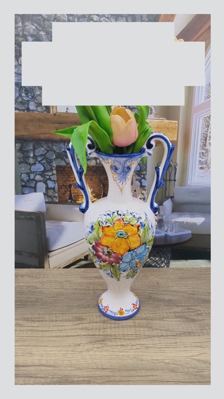 Hand Painted Portuguese Pottery Ceramic Flower Vase with Handles
