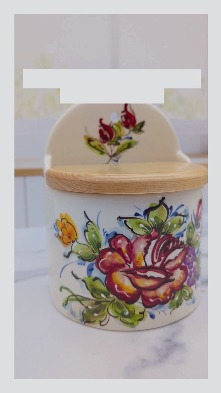 Portuguese Pottery Alcobaça Ceramic Hand-Painted Salt Holder with Lid