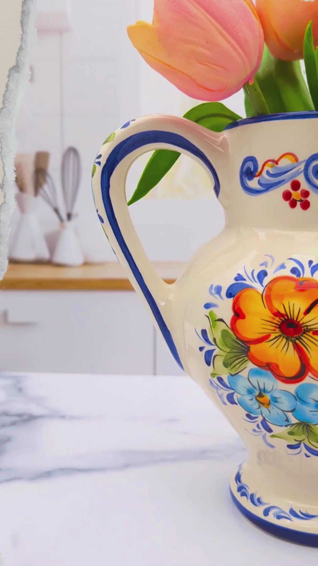 Hand Painted Portuguese Pottery Ceramic Flower Pitcher Vase