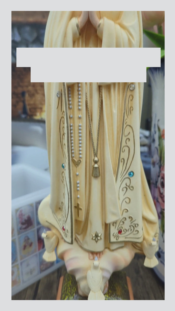 15 Inch Patina Painted Our Lady of Fatima Statue with Glass Eyes