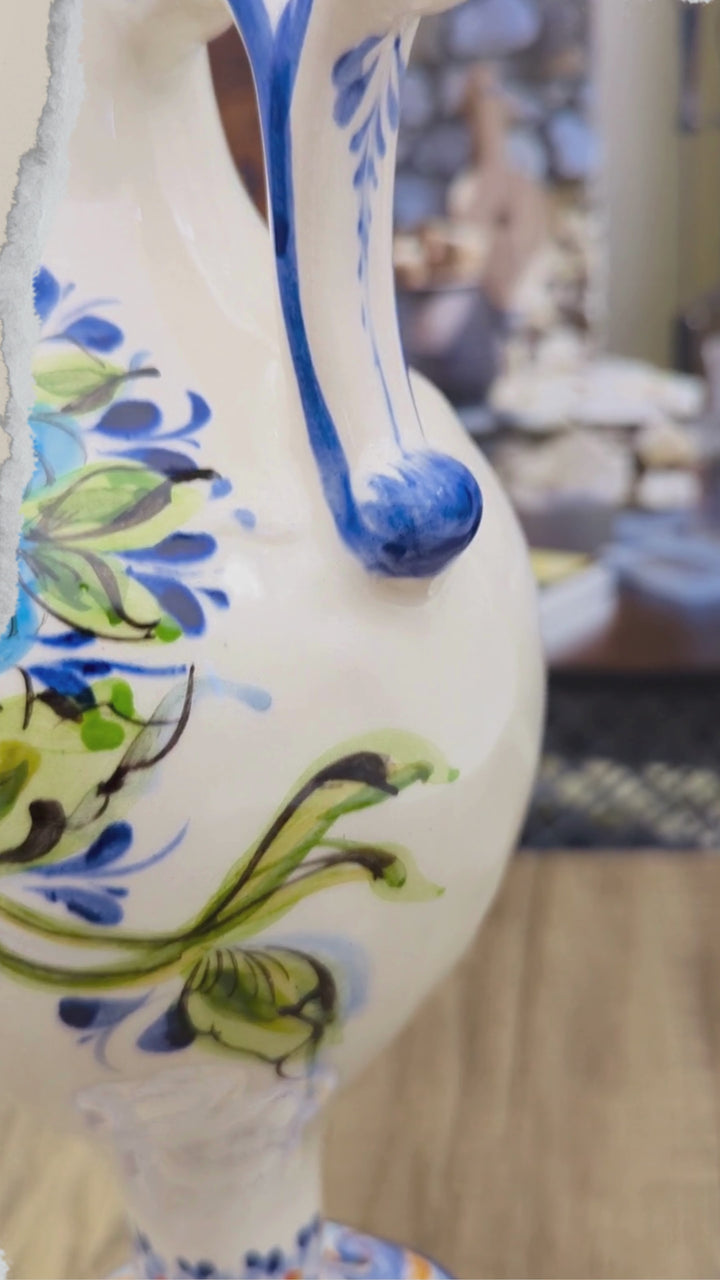 Portuguese Pottery Hand Painted Alcobaça Ceramic Floral Pitcher - Gomil