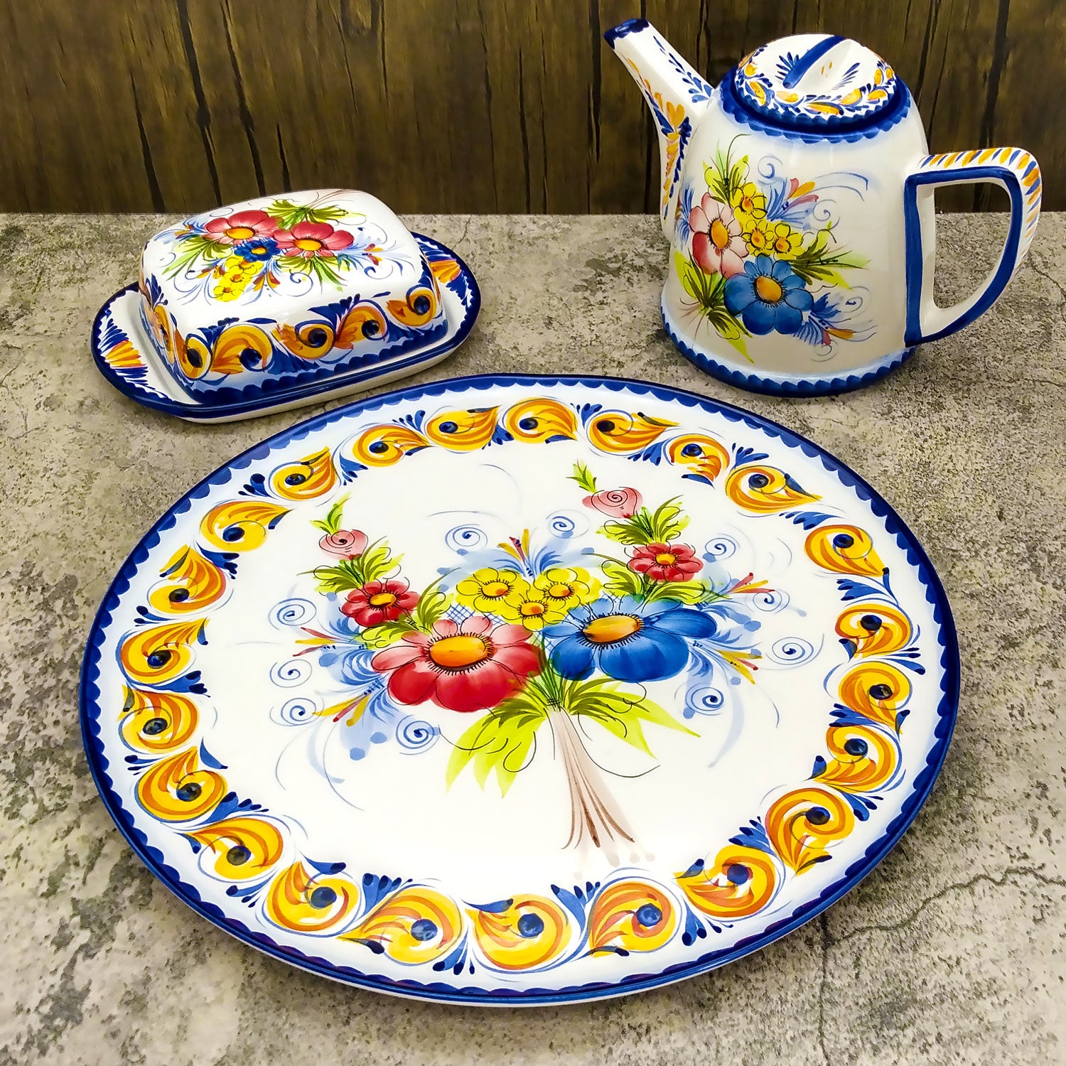 13 Inch Portuguese Pottery Hand Painted Floral Large Pizza Serving Plate