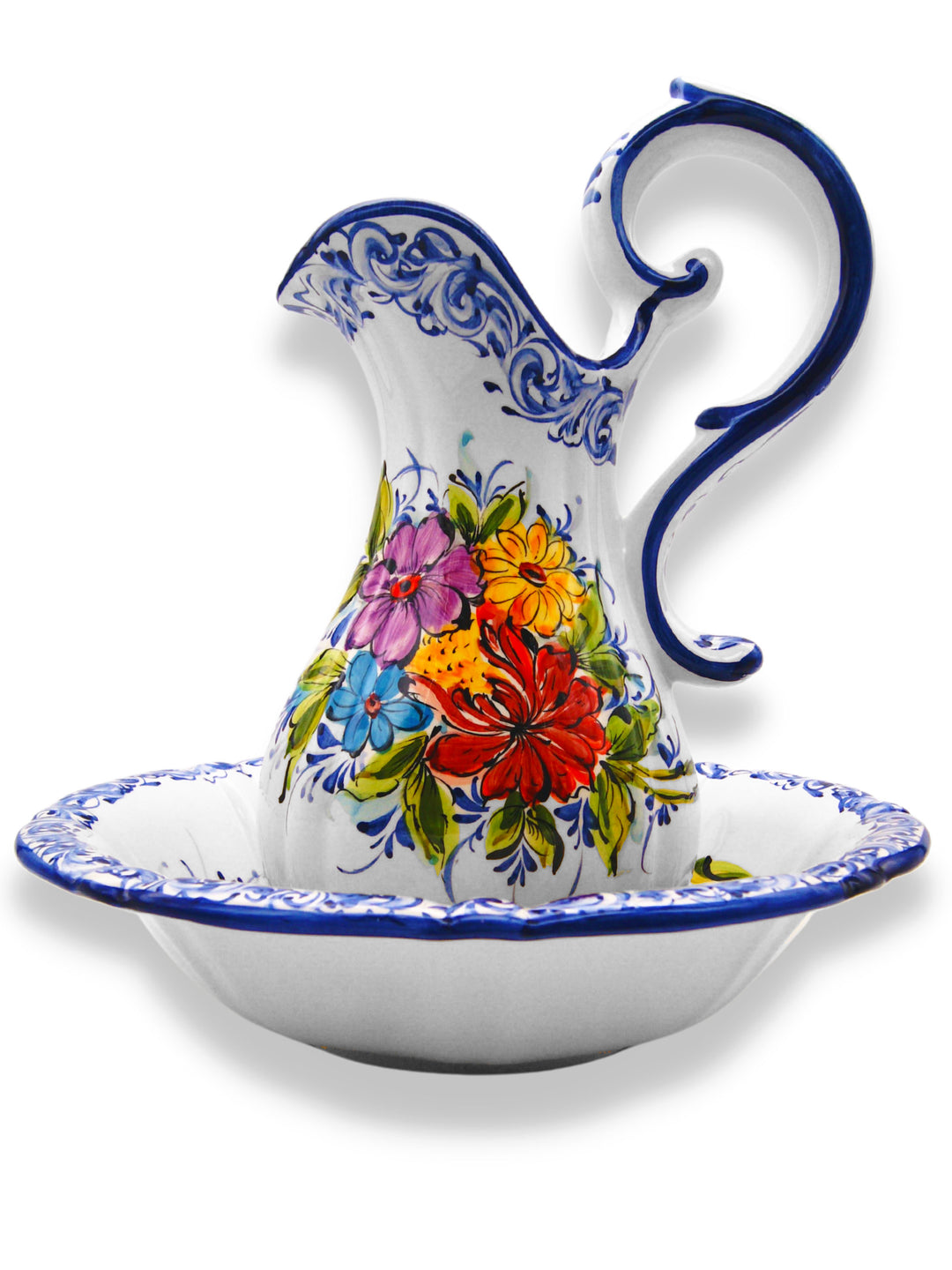 Hand Painted Portuguese Pottery Floral Wash Basin with Pitcher Set