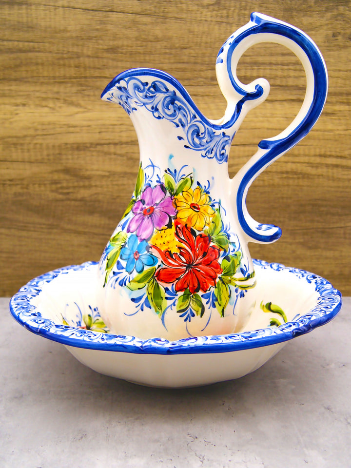 Hand Painted Portuguese Pottery Floral Wash Basin with Pitcher Set