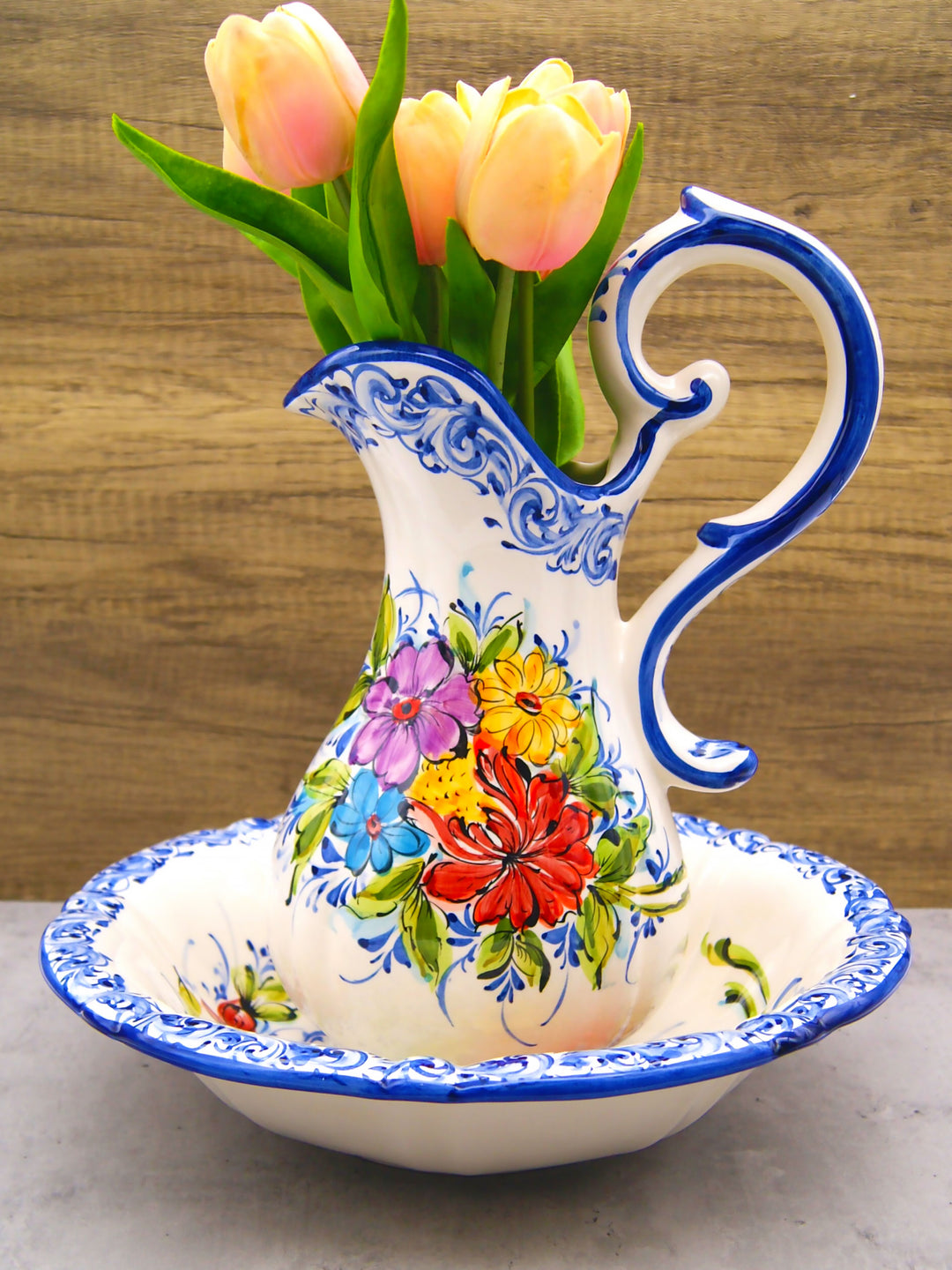 Hand Painted Portuguese Pottery Floral Wash Basin with Pitcher Set