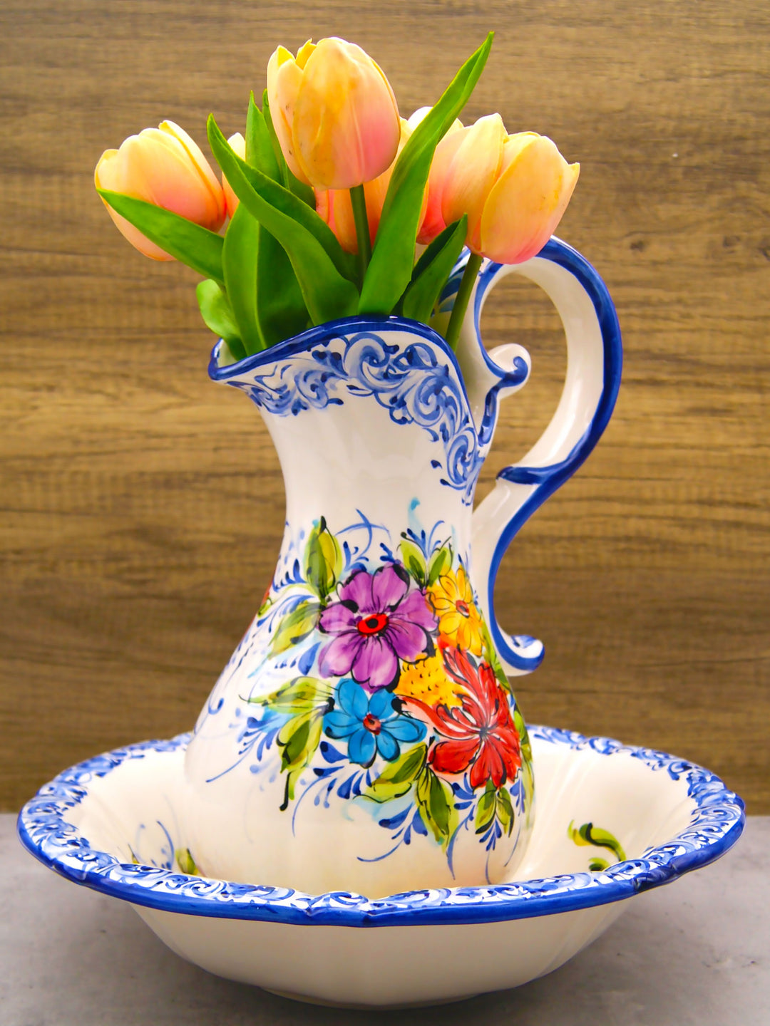 Hand Painted Portuguese Pottery Floral Wash Basin with Pitcher Set