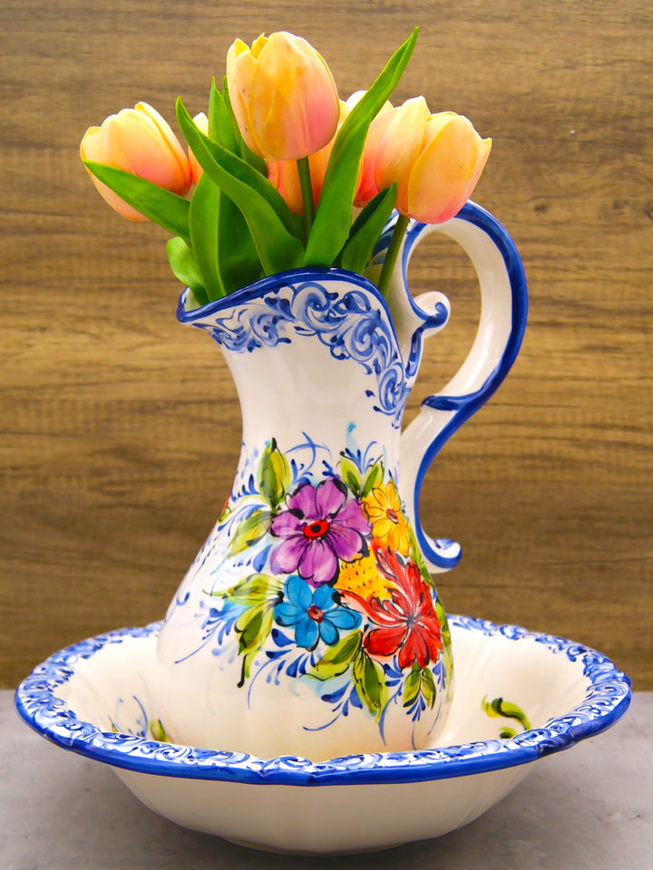 Hand Painted Portuguese Pottery Floral Wash Basin with Pitcher Set