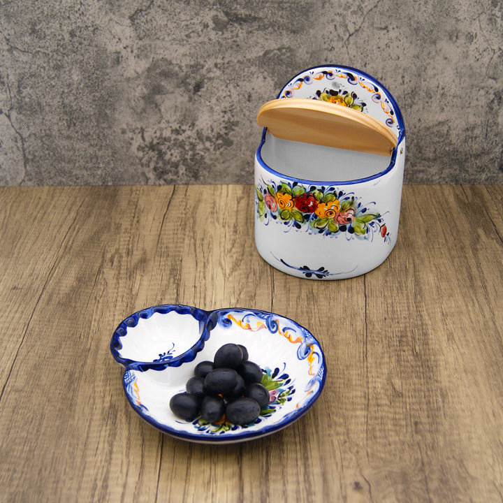 Portuguese Pottery Alcobaça Ceramic Hand Painted Olive Dish with Pit Holder