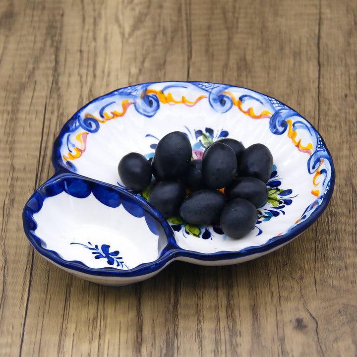 Portuguese Pottery Alcobaça Ceramic Hand Painted Olive Dish with Pit Holder