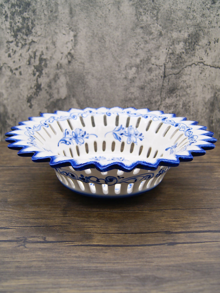Hand Painted Blue & White Portuguese Pottery Alcobaça Ceramic Fruit Bowl Centerpiece