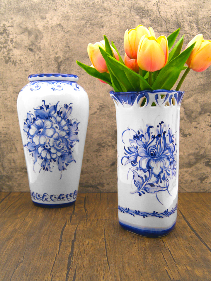 Hand Painted Blue & White Portuguese Pottery Ceramic Decorative Flower Vase