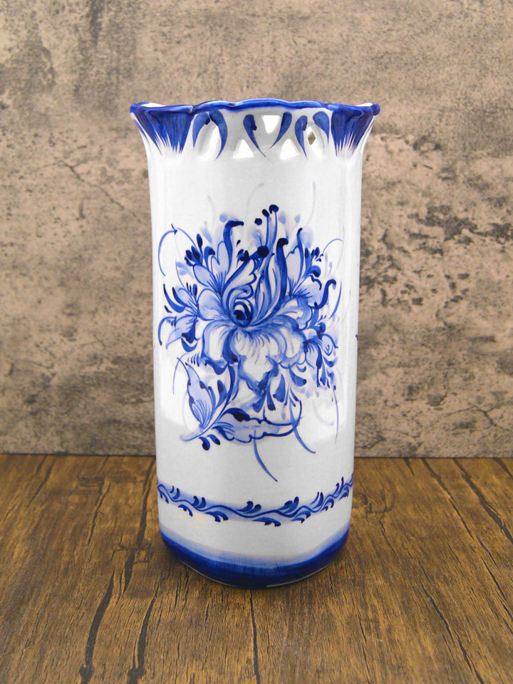 Hand Painted Blue & White Portuguese Pottery Ceramic Decorative Flower Vase