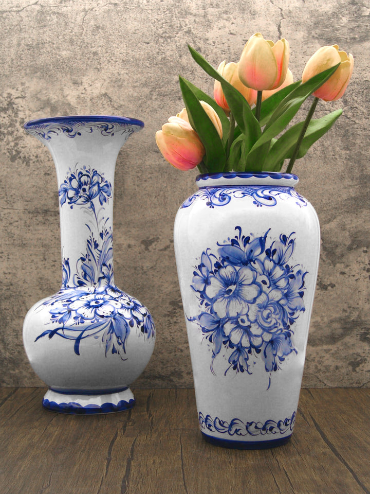 Hand Painted Blue & White Portuguese Pottery Ceramic Decorative Flower Vase