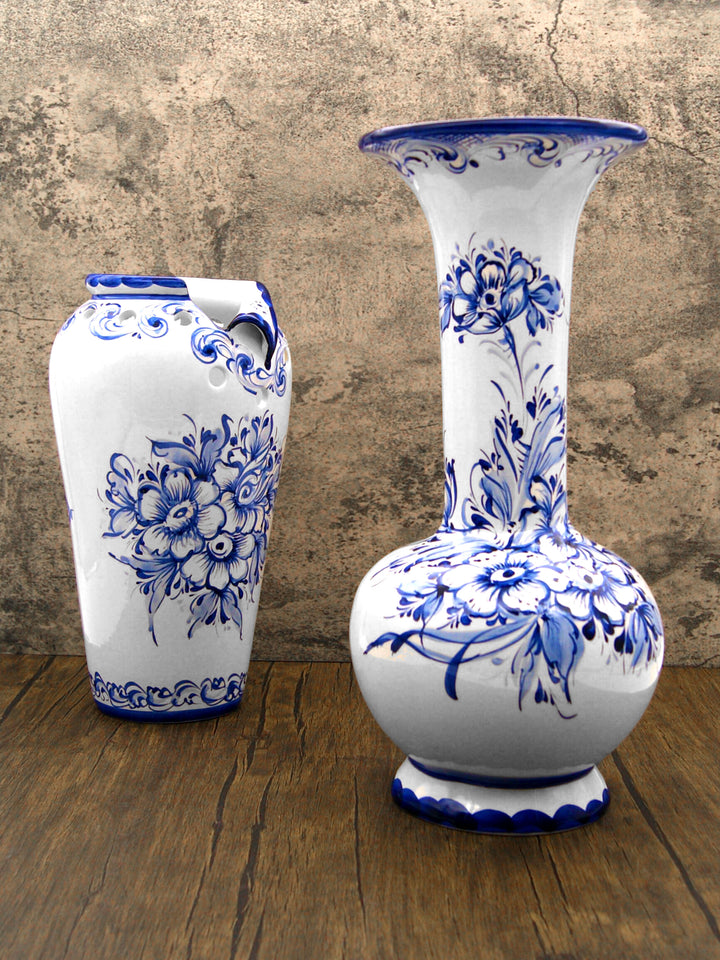 Hand Painted Blue & White Portuguese Pottery Ceramic Decorative Flower Vase