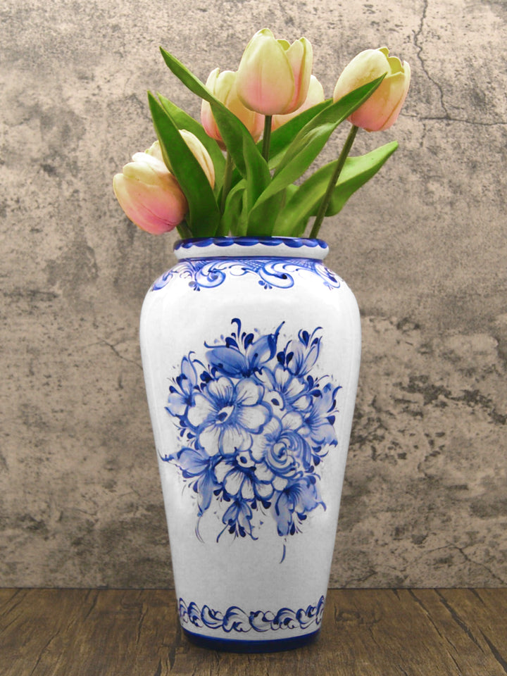 Hand Painted Blue & White Portuguese Pottery Ceramic Decorative Flower Vase