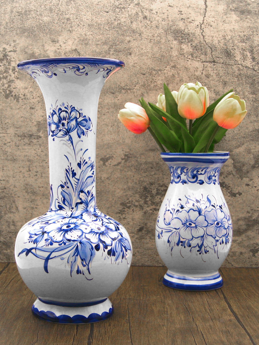Hand Painted Blue & White Portuguese Pottery Ceramic Decorative Flower Vase