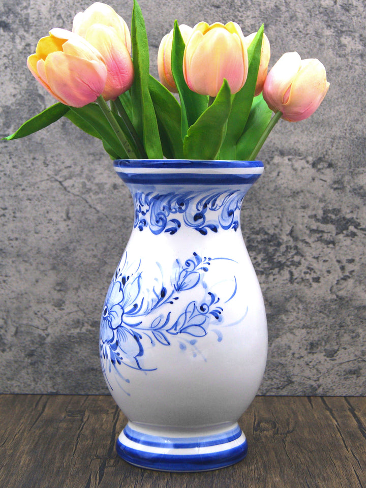 Hand Painted Blue & White Portuguese Pottery Ceramic Decorative Flower Vase