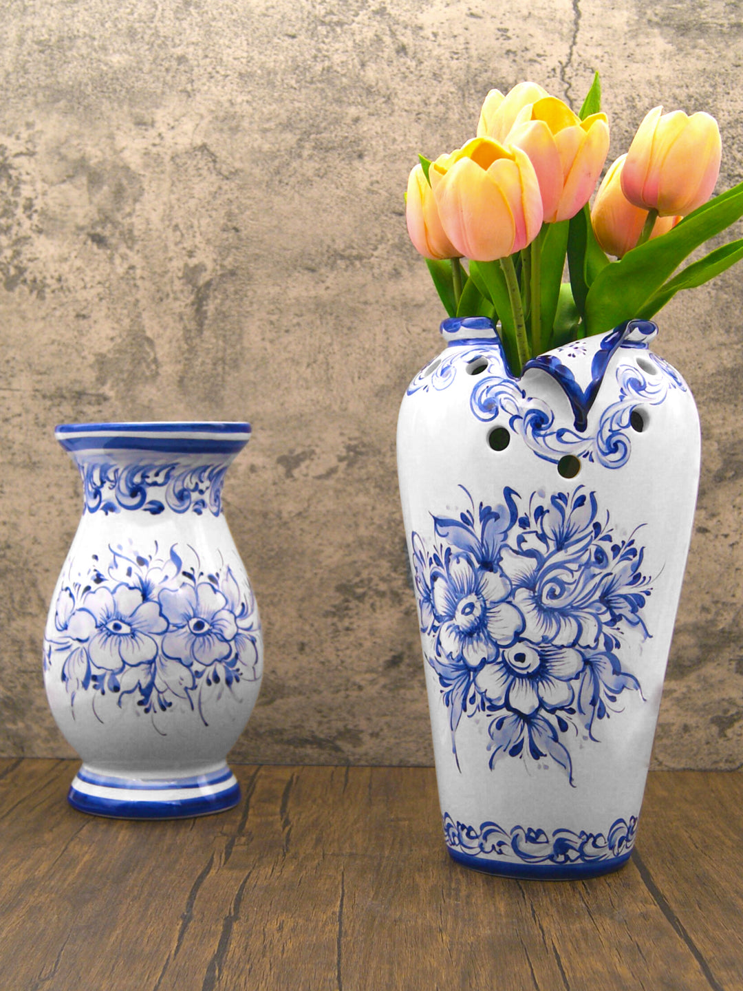 Hand Painted Blue & White Portuguese Pottery Ceramic Decorative Flower Vase