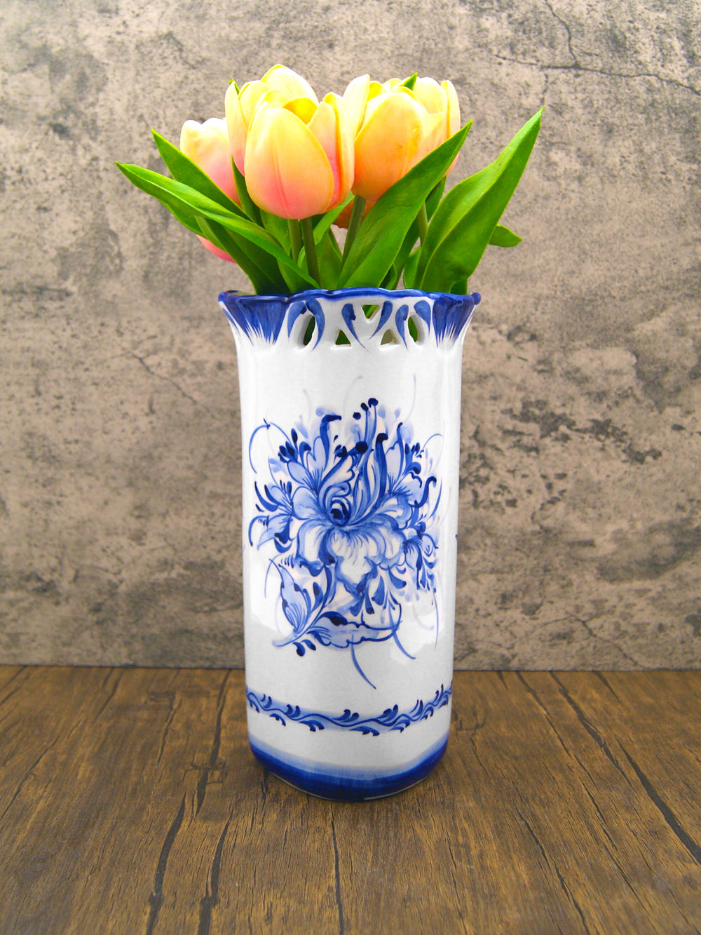 Hand Painted Blue & White Portuguese Pottery Ceramic Decorative Flower Vase