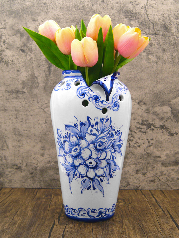 Hand Painted Blue & White Portuguese Pottery Ceramic Decorative Flower Vase