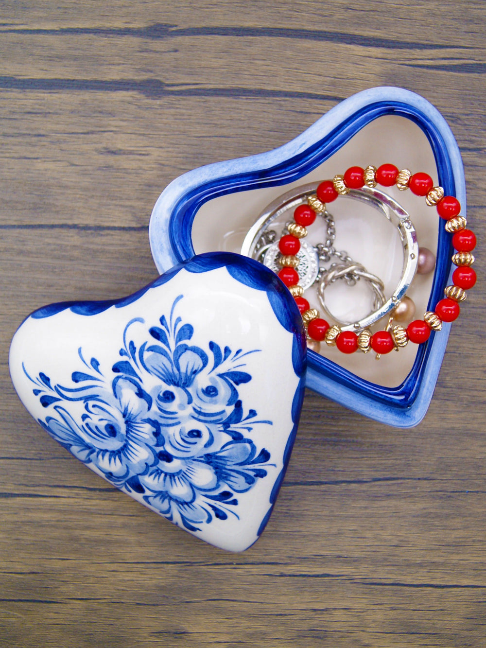 Hand Painted Blue & White Portuguese Pottery Heart Jewelry Box