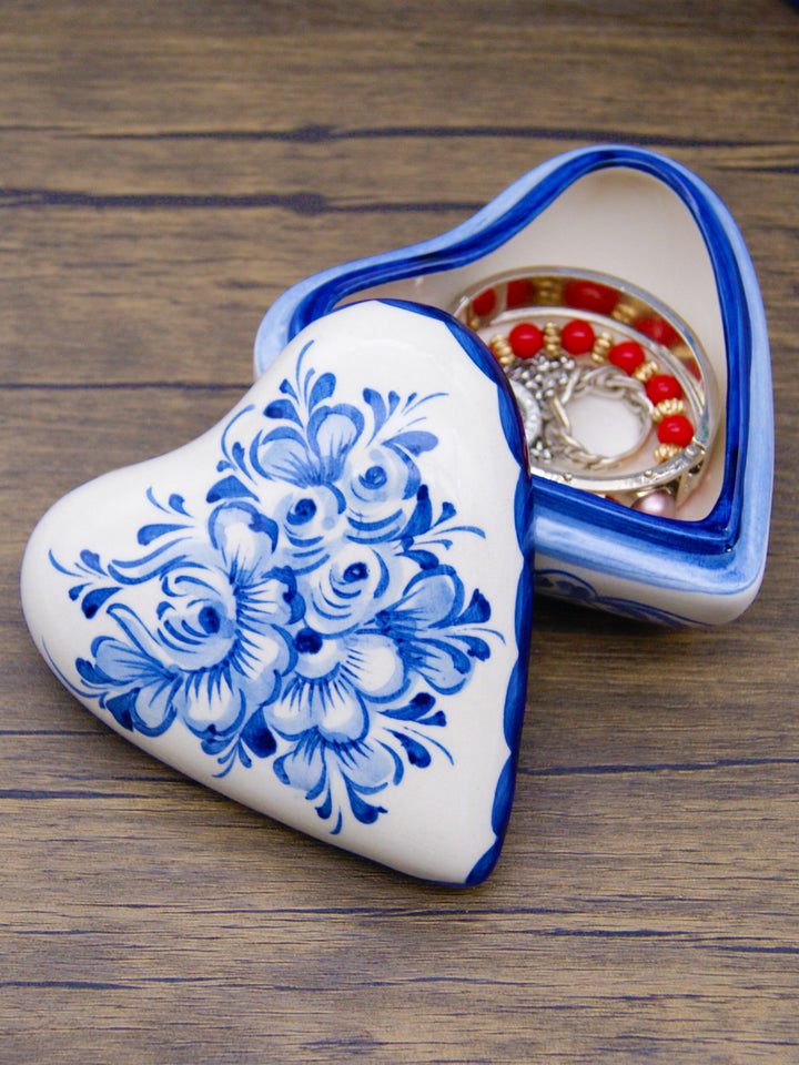 Hand Painted Blue & White Portuguese Pottery Heart Jewelry Box