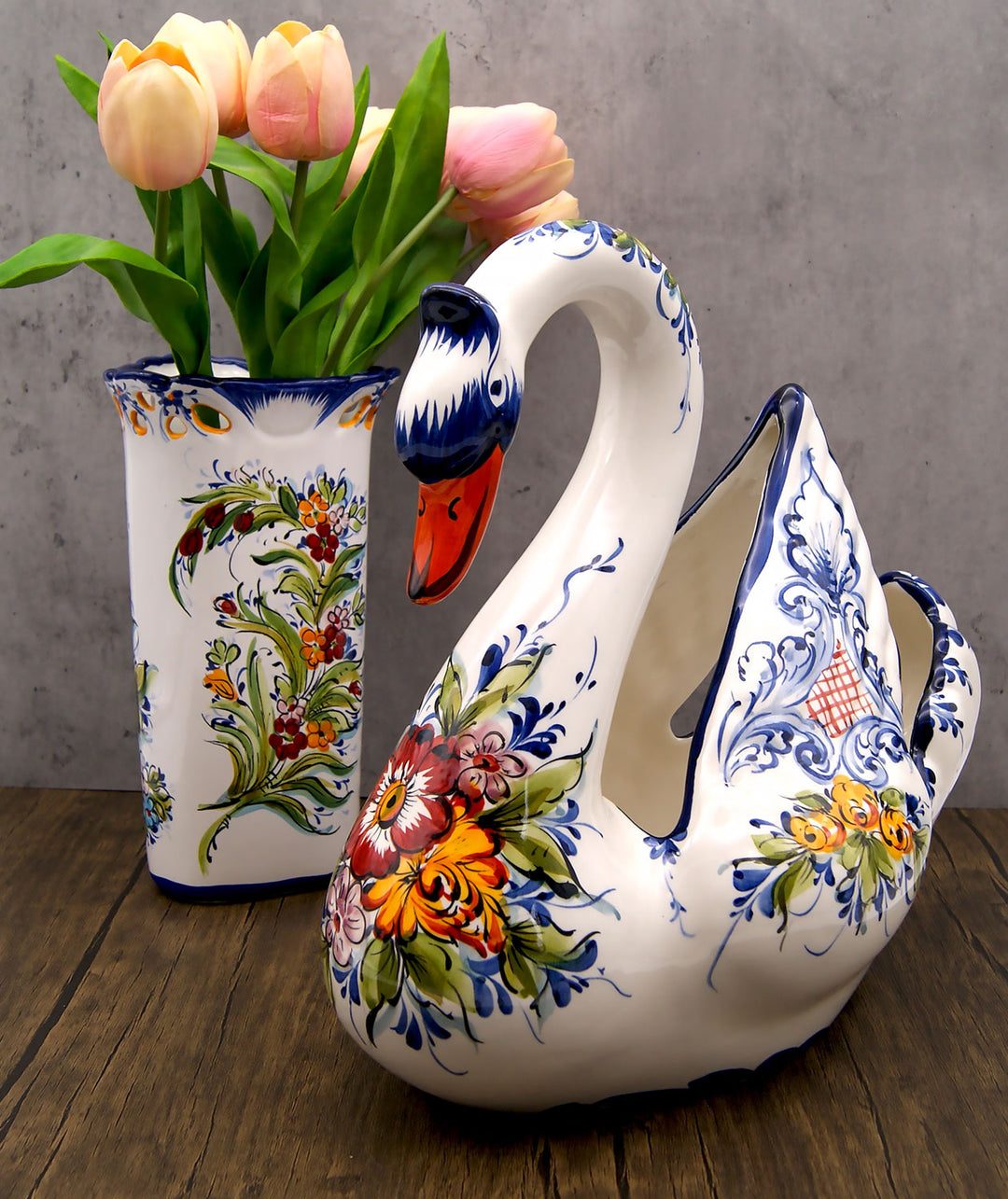 Hand Painted Portuguese Pottery Ceramic Large Swan Planter Figurine