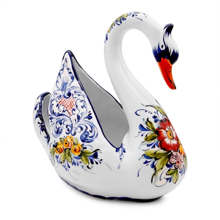 Hand Painted Portuguese Pottery Ceramic Large Swan Planter Figurine
