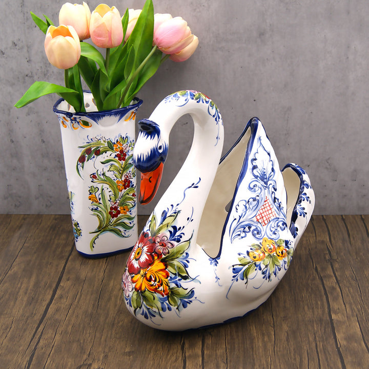 Hand Painted Portuguese Pottery Ceramic Large Swan Planter Figurine