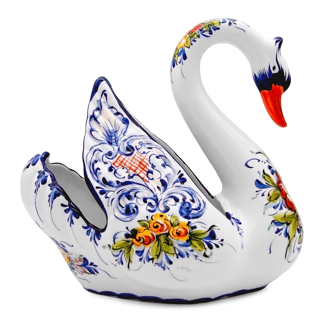 Hand Painted Portuguese Pottery Ceramic Large Swan Planter Figurine