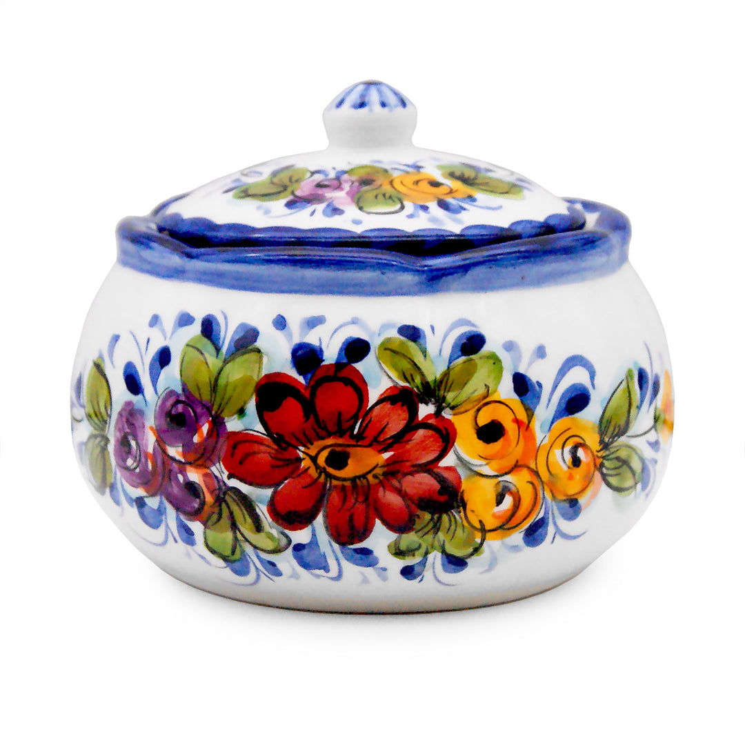 Hand Painted Portuguese Pottery Alcobaça Ceramic Sugar Bowl with Lid