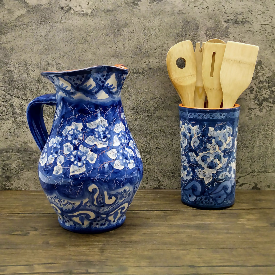 Hand Painted Portuguese Pottery Blue and White 3 Quart Pitcher