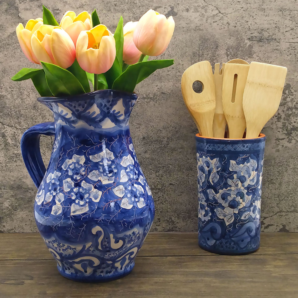 Hand Painted Portuguese Pottery Blue and White 3 Quart Pitcher