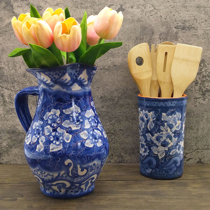 Hand Painted Portuguese Pottery Blue and White 3 Quart Pitcher